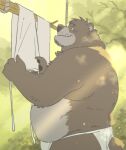  anthro asian_clothing bear bottomwear clothed clothing drying east_asian_clothing fundoshi garouzuki hi_res humanoid japanese_clothing loincloth male mammal partially_clothed slightly_chubby solo underwear washing_clothes 