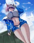  1girl animal_ears arknights bikini blue_jacket blue_sky cloud commentary cowboy_shot day fingerless_gloves gloves grin highres horns jacket long_sleeves looking_at_viewer navel off_shoulder open_clothes open_jacket puranetto_(vjun4748) purple_hair short_hair sideroca_(arknights) sideroca_(light_breeze)_(arknights) sky smile solo standing stomach swimsuit thighs visor_cap white_bikini yellow_eyes 