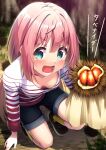  1girl :d aqua_eyes arm_support autumn bangs black_footwear black_shorts blunt_bangs blurry blurry_background blush breasts breasts_apart chestnut cleavage collarbone commentary downblouse drooling excited eyelashes facing_viewer food forest hair_between_eyes highres holding holding_food kagamihara_nadeshiko kneeling kuromasu leaning_forward legs long_hair long_sleeves lower_teeth_only medium_breasts mouth_drool nature no_bra open_mouth outdoors pink_hair shiny_skin shoes shorts sidelocks smile sneakers solo teeth v-shaped_eyebrows very_long_hair yurucamp 