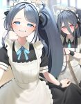  &lt;key&gt;_(blue_archive) 2girls absurdres ao12073010 apron aqua_necktie aqua_ribbon aris_(blue_archive) aris_(maid)_(blue_archive) black_dress blue_archive blue_eyes blurry blurry_background blush dress ear_blush grin hair_between_eyes halo highres looking_at_viewer maid maid_headdress multiple_girls neck_ribbon necktie one_side_up puffy_short_sleeves puffy_sleeves red_eyes ribbon short_sleeves side_ponytail smile sweatdrop swept_bangs white_apron wristband 
