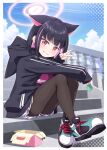  1girl animal_ears animal_hood black_hair black_jacket black_pantyhose blue_archive blue_sky cloud commentary_request crossed_legs day fake_animal_ears food grin halo harada_(sansei_rain) highres hood hood_down hooded_jacket jacket kazusa_(blue_archive) knees_up long_sleeves looking_at_viewer macaron multicolored_hair outdoors outstretched_arm pantyhose pastry_box pink_hair pleated_skirt puffy_long_sleeves puffy_sleeves railing red_eyes shoes sitting sitting_on_stairs skirt sky sleeves_past_wrists smile solo stairs streaked_hair two-tone_hair v white_footwear white_skirt 