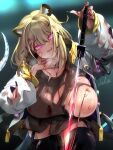  1girl :d animal_ear_fluff animal_ears arknights black_nails black_thighhighs blonde_hair blood blood_on_clothes blood_on_face breasts brown_sweater cleavage cowboy_shot fingernails garter_straps head_tilt heavy_breathing holding holding_sword holding_weapon hug injury long_fingernails long_hair long_sleeves looking_at_viewer nipples no_bra one_breast_out open_mouth purple_eyes sharp_fingernails signature smile solo sweater sword tail thighhighs torn_clothes torn_sweater torn_thighhighs usuki_(graygreed) utage_(arknights) weapon 