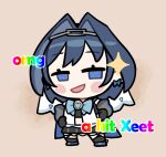  1girl blue_eyes blue_hair bow bowtie brooch chain chibi clipe earrings hair_intakes hairband hands_on_own_hips heart hololive hololive_english jewelry medium_hair open_mouth ouro_kronii ouro_kronii_(1st_costume) smile smug solo virtual_youtuber 