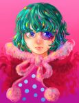 1girl blue_eyes capelet child closed_mouth cropped_torso fur_trim gradient_background green_hair looking_at_viewer mawari28 medium_hair monocle one_piece polka_dot portrait red_capelet serious sugar_(one_piece) 