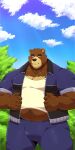 2023 absurd_res anthro bear belly big_belly black_nose bottomwear brown_body bulge clothing cloud hi_res humanoid_hands jumperbear juuichi_mikazuki kemono male mammal morenatsu outside overweight overweight_male pants plant shirt solo topwear tree 