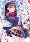  1girl :d bag black_hair blazer blue_jacket blue_sky blurry blurry_foreground branch brown_hair cherry_blossoms cloud cupping_hands day depth_of_field eyelashes falling_petals fingernails hair_ribbon highres jacket kobayashi_chisato light_blush long_hair long_sleeves looking_at_viewer open_mouth outdoors own_hands_together petals pink_scarf plaid plaid_skirt pleated_skirt red_ribbon ribbon scarf school_bag school_uniform shirt shirt_tucked_in skirt sky smile solo tree twintails white_shirt 