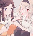  2girls black_hairband black_thighhighs blonde_hair blush brown_hair candy cellphone closed_mouth collared_shirt commentary elbow_rest food food_in_mouth grey_background hair_between_eyes hair_ornament hair_ribbon hairband hands_up highres holding holding_candy holding_food holding_lollipop holding_phone knees_up lollipop long_hair looking_at_another looking_at_food multiple_girls parted_bangs phone pillow purple_eyes purple_ribbon red_eyes ribbon saijou_claudine sharing_food shirt shoujo_kageki_revue_starlight sidelocks simple_background sitting sleeves_past_elbows sleeves_pushed_up smartphone symbol-only_commentary tendou_maya thighhighs upper_body wato_(ko) white_shirt x_hair_ornament 
