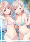  2girls ;d arm_up armpits bare_shoulders bikini blue_bikini blue_eyes blue_sky blurry blurry_background blush braid braided_bangs breasts brown_eyes cleavage cloud collarbone cowboy_shot day dot_nose frilled_bikini frills front-tie_bikini_top front-tie_top grey_hair hair_ribbon highres hiragana hisakawa_hayate hisakawa_nagi idolmaster idolmaster_cinderella_girls idolmaster_cinderella_girls_starlight_stage in_water island long_hair looking_at_viewer low_twintails medium_breasts mouchi_(mouchimochi) multiple_girls navel ocean one_eye_closed open_mouth outdoors palm_tree pink_bikini pink_ribbon ribbon siblings sisters sky small_breasts smile swimsuit tree twins twintails very_long_hair 