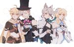  2boys 2girls aether_(genshin_impact) ahoge animal_ear_fluff animal_ears arm_armor arm_grab armor bare_shoulders black_cape black_corset black_dress black_gloves black_headwear blonde_hair blue_bow blue_bowtie bow bowtie braid breasts brown_pants brown_shirt buttons cape cat_ears cat_girl cat_tail collared_shirt corset detached_sleeves diamond_button dress earrings facial_mark feather_hair_ornament feathers fingernails flower frills genshin_impact gloves grey_hair hair_between_eyes hair_flower hair_ornament hat heart highres jewelry juliet_sleeves long_hair long_sleeves looking_at_viewer looking_to_the_side lumine_(genshin_impact) lynette_(genshin_impact) lyney_(genshin_impact) medium_breasts multiple_boys multiple_girls navel one_eye_closed orange_eyes oratoza pants pink_bow pink_bowtie puffy_detached_sleeves puffy_long_sleeves puffy_sleeves purple_eyes scarf shirt short_hair short_sleeves shoulder_armor sidelocks simple_background single_earring smile standing star_(symbol) star_facial_mark tail teardrop_facial_mark teeth top_hat white_background white_dress white_flower white_scarf white_shirt 