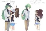  1boy 1girl arrow_(symbol) asamaru1225 baseball_cap black_headwear black_vest black_wristband blue_shorts brown_hair brown_pants closed_mouth collared_shirt expressive_hair green_hair hands_on_own_hips hat high_ponytail highres hilda_(pokemon) jewelry long_hair multiple_views n_(pokemon) necklace open_mouth pants pokemon pokemon_(game) pokemon_bw shirt shorts sidelocks translation_request undershirt vest white_headwear white_shirt 