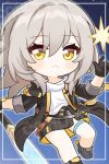  1girl black_gloves black_jacket black_skirt blush chibi gloves grey_eyes honkai:_star_rail honkai_(series) jacket jiu_fanglianhua long_hair open_clothes open_jacket shirt skirt solo stelle_(honkai:_star_rail) thigh_strap trailblazer_(honkai:_star_rail) white_shirt yellow_eyes 