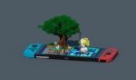  1girl blonde_hair blue_eyes boat dress grey_background handheld_game_console highres map nintendo_switch pannacotta44 pixel_art ponytail princess_(sekaiju) sekaiju_no_meikyuu tiara tree watercraft 