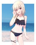  1girl :d absurdres bandaid bandaid_on_leg beach bikini blonde_hair blue_sky border contrapposto day facial_mark fang frilled_bikini frills highres horizon komori_met looking_at_viewer medium_hair navel ocean outdoors outside_border purple_eyes sand sky smile swimsuit taison1343 thigh_strap triangle_facial_mark virtual_youtuber vspo! water white_border wristband 