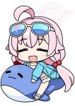  1girl :d ahoge bell_(oppore_coppore) bikini blue-tinted_eyewear blue_archive blue_jacket blush chibi closed_eyes commentary_request eyewear_on_head facing_viewer fang frilled_bikini frills full_body hair_bobbles hair_ornament halo hoshino_(blue_archive) hoshino_(swimsuit)_(blue_archive) inflatable_toy inflatable_whale jacket long_hair long_sleeves low_twintails open_clothes open_jacket pink_hair puffy_long_sleeves puffy_sleeves sandals simple_background sleeves_past_wrists smile solo sunglasses swimsuit tinted_eyewear transparent twintails very_long_hair white-framed_eyewear white_background white_bikini white_footwear 