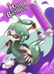 1other adagumo_no_saragimaru alternate_costume androgynous black_gloves blue_shorts buttons chin chinese_commentary closed_mouth commentary_request english_text fingerless_gloves frown gift_art gloves green_background green_hair green_jacket green_shirt hair_ornament happy_birthday highres holding holding_weapon inkling jacket jumping len&#039;en paint paint_roller pointy_ears purple_trim red_eyes shirt short_hair short_ponytail short_shorts shorts snake_hair_ornament snake_tail socks splatoon_(series) tail thick_eyebrows v-shaped_eyebrows weapon white_background white_socks white_trim yaxiu 