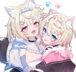  2girls animal_ear_fluff animal_ears belt_collar black_collar black_jacket blonde_hair blue_eyes blue_hair blush breasts closed_mouth collar dog_ears dog_girl fake_claws fangs fur-trimmed_jacket fur_trim fuwawa_abyssgard hair_ornament hairpin headphones headphones_around_neck hololive hololive_english jacket large_breasts long_hair looking_at_viewer medium_hair mococo_abyssgard multicolored_hair multiple_girls open_mouth pink_eyes pink_hair shirt shitsu_(kurikaesi) siblings sisters small_breasts smile spiked_collar spikes streaked_hair tongue tongue_out white_shirt x_hair_ornament 
