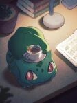  arc_draws book bright_pupils bulbasaur claws commentary_request cup desk desk_lamp from_above highres indoors lamp mint no_humans plant pokemon pokemon_(creature) red_eyes saucer solo teacup vines white_pupils 
