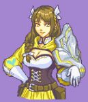  1girl animal_ears bow braid breasts brown_hair cremdelamerc fake_animal_ears fire_emblem fire_emblem_engage gloves goldmary_(fire_emblem) hood hood_down large_breasts looking_at_viewer lowres mole pixel_art side_braid skirt white_bow yellow_eyes yellow_hood yellow_skirt 