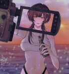  1girl alcohol battery_indicator beer beer_bottle bikini bottle breasts camera commentary highres holding holding_bottle huge_breasts long_hair looking_at_viewer navel_piercing nijisanji open_mouth orange_eyes piercing recording shirayuki_tomoe swimsuit symbol-only_commentary taking_picture tank_top thong_bikini timestamp underwear viewfinder virtual_youtuber wet zero_zhengyi 