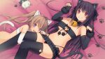  2girls :d animal_ears ao_no_kanata_no_four_rhythm arisaka_mashiro bandeau bed_sheet black_bandeau black_gloves black_hair black_panties black_ribbon black_skirt black_thighhighs blush breasts brown_hair cat_ears cleavage detached_collar elbow_gloves fingerless_gloves from_above gloves grin hair_between_eyes hair_ribbon highleg highleg_panties highres large_breasts long_hair looking_at_viewer microskirt multiple_girls open_mouth panties pleated_skirt purple_eyes red_eyes ribbon skirt smile suzumori thighhighs tobisawa_misaki underboob underwear very_long_hair white_bandeau white_gloves wing_collar 