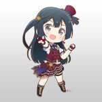  1girl black_hair blush chase!_(love_live!) chibi commentary earrings fingerless_gloves full_body gloves grey_background grey_eyes hat jewelry junchoco1207 long_hair looking_at_viewer love_live! love_live!_nijigasaki_high_school_idol_club one_side_up pointing pointing_at_viewer signature smile solo standing yuuki_setsuna_(love_live!) 