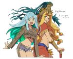  2girls :d asaya_minoru blonde_hair blue_hair blue_shorts breasts brown_jacket cropped_jacket cutoffs english_text fang fate/grand_order fate_(series) fringe_trim green_eyes green_hair jacket jewelry kukulkan_(fate) long_hair looking_at_viewer medium_breasts multicolored_hair multiple_girls navel parted_bangs pendant quetzalcoatl_(fate) short_shorts shorts simple_background smile twitter_username two-tone_hair underboob very_long_hair white_background 