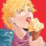  1boy battle_tendency blonde_hair blue_jacket caesar_anthonio_zeppeli carota327 dated facial_mark fingerless_gloves food gloves green_eyes highres ice_cream jacket jojo_no_kimyou_na_bouken male_focus pink_scarf scarf solo tongue tongue_out 