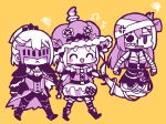  3girls :d alina_gray alina_gray_(halloween_ver.) anmitsu_(magenta) bandaged_arm bandages blush bubble_skirt closed_eyes closed_mouth full_body ghost_tail gloves halloween_costume izumi_kanagi izumi_kanagi_(tokoyami_ver.) long_hair long_sleeves magia_record:_mahou_shoujo_madoka_magica_gaiden magical_girl mahou_shoujo_madoka_magica mask_over_one_eye misono_karin misono_karin_(halloween_ver.) multiple_girls official_alternate_costume open_mouth pants sarashi short_hair simple_background single_hair_ring skirt smile walking yellow_background 