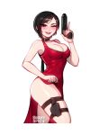  1girl ada_wong bare_arms bare_shoulders blush blushyspicy breasts cleavage clothes_lift collarbone dress dress_lift gun handgun holding holding_gun holding_weapon large_breasts one_eye_closed red_dress red_lips resident_evil resident_evil_4 skindentation smile solo teeth thigh_strap transparent_background weapon 
