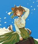  1girl animal_ears arm_up blue_background bow brown_hair brown_headwear collared_shirt commentary_request dress_shirt ears_through_headwear fine_motion_(umamusume) green_bow green_skirt hair_between_eyes half-closed_eyes hand_on_headwear highres holding horse_ears horse_girl horse_tail long_sleeves looking_at_viewer multicolored_hair petals pleated_skirt puffy_long_sleeves puffy_sleeves shirokoshou shirt simple_background skirt smile solo striped striped_bow suitcase tail two-tone_hair umamusume white_bow white_hair white_shirt yellow_eyes 
