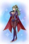  1girl absurdres black_gloves black_pantyhose blue_leotard blush breasts cape cleavage commentary_request cosplay detached_sleeves fire_emblem fire_emblem_awakening full_body genshin_impact gloves green_eyes green_hair hair_between_eyes hazuki_(nyorosuke) high_heels highres large_breasts leotard long_hair long_sleeves looking_at_viewer mona_(genshin_impact) mona_(genshin_impact)_(cosplay) pantyhose pointy_ears ponytail sidelocks smile solo standing strapless strapless_leotard thighs tiki_(fire_emblem) 