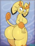  2023 4_fingers absurd_res anthro big_breasts big_butt black_body black_fur breasts brown_nipples brown_nose butt cute_fangs dipstick_ears female fingers floppy_ears fur generation_1_pokemon generation_4_pokemon hand_on_butt hi_res huge_butt huge_thighs hybrid looking_back looking_down lopunny meowth miso_souperstar multicolored_ears nintendo nipples nude orange_eyes pokemon pokemon_(species) rear_view red_inner_ear smile solo standing thick_thighs yellow_body yellow_fur 