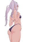  1girl absurdres ass back bare_shoulders bikini blue_bikini breasts fate/grand_order fate_(series) forked_eyebrows highres jilu long_hair looking_at_viewer looking_back melusine_(fate) sidelocks small_breasts solo swimsuit thighs twintails white_hair yellow_eyes 