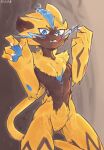  anthro blue_eyes breasts c3ilin claws electricity fangs featureless_breasts felid female front_view fur generation_7_pokemon genitals hi_res kneeling legendary_pokemon mammal nintendo nude pokemon pokemon_(species) pussy slim small_breasts smile solo teeth yellow_body yellow_fur zeraora 