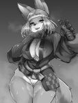  1girl absurdres animal_ears animal_nose bags_under_eyes blush body_fur bottle breasts breath cameltoe claws cleavage commentary covered_nipples cowboy_shot disembodied_limb drink fangs fox_ears fox_girl fox_tail fundoshi furry furry_female gradient_background grey_background greyscale groin hachimaki hands_up happy headband highres holding holding_bottle holding_drink hot japanese_clothes kimono large_breasts light_blush long_sleeves looking_to_the_side monochrome nejiri_hachimaki no_pants open_mouth original parted_bangs partially_visible_vulva ramune short_hair sidelocks simple_background smile snout solo_focus standing steam steaming_body suima_(sleepiness18) sweat tail teeth thick_thighs thighs two-tone_fur wide_hips wide_sleeves 