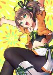  1girl :d ahoge arms_up black_camisole black_ribbon blush boots breasts brown_hair camisole cat_hair_ornament collarbone commentary_request crop_top green_eyes green_ribbon hair_between_eyes hair_ornament hair_ribbon halterneck highres hololive jacket kirisaki_shuusei long_hair looking_at_viewer midriff miniskirt natsuiro_matsuri navel neck_ribbon open_mouth orange_jacket pantyhose pinstripe_camisole pinstripe_pattern pleated_skirt ribbon short_sleeves side_ponytail side_slit sidelocks skirt small_breasts smile solo spaghetti_strap striped teeth upper_teeth_only virtual_youtuber white_footwear white_skirt yellow_background 