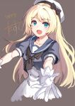 1girl blonde_hair blue_eyes blue_sailor_collar brown_gloves dress gloves hat highres jervis_(kancolle) kantai_collection long_hair narumiya_(empty_cafe) open_mouth sailor_collar sailor_dress sailor_hat short_sleeves simple_background smile solo white_dress white_gloves white_headwear 