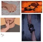  2boys arm_hair artist_request bara beard blood brown_hair chris_redfield embers facial_hair finger_to_another&#039;s_mouth fingerless_gloves gloves grabbing_another&#039;s_arm hand_focus head_out_of_frame highres implied_sex leon_s._kennedy male_focus mature_male multiple_boys resident_evil resident_evil_4 short_hair smile stubble yaoi 
