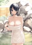  1girl absurdres bare_shoulders black_eyes black_hair breasts cleavage collarbone commentary_request cowboy_shot fence hair_up highres large_breasts long_hair looking_at_viewer naked_towel onsen original outdoors rock rucchiifu solo steam towel water waterfall wooden_fence 