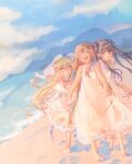  3girls :d bare_legs barefoot beach black_eyes black_hair blonde_hair blue_sky blush breasts bright_pupils brown_hair closed_eyes closed_mouth cloud cloudy_sky day dolly_(toaru_kagaku_no_railgun) dress faux_traditional_media gloves high_collar holding holding_clothes holding_hands kouzaku_mitori lace-trimmed_dress lace_trim laughing long_hair medium_breasts mountainous_horizon multiple_girls ocean open_mouth outdoors outstretched_arms painting_(medium) raised_eyebrow running sand sandals see-through see-through_dress see-through_silhouette shokuhou_misaki sky sleeveless small_breasts smile sparkling_eyes star-shaped_pupils star_(symbol) sundress sunlight symbol-shaped_pupils tautiki toaru_kagaku_no_railgun toaru_majutsu_no_index traditional_media twintails very_long_hair water watercolor_(medium) waves white_dress white_gloves yellow_eyes yellow_pupils 