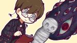  1boy @_@ black_vest brown_shirt bug clipboard closed_mouth coat cocoon collared_shirt commentary_request employee_(lobotomy_corporation) glasses grey_coat grey_eyes hatake_shimeji holding holding_clipboard holding_pen light_frown lobotomy_corporation long_sleeves necktie no_nose open_clothes open_coat outline pen project_moon red_necktie shirt simple_background spider spider_bud vest white_outline writing yellow_background 