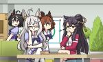  4girls :d =_= ahoge animal_ears aston_machan_(umamusume) bandaid bandaid_on_face bandaid_on_nose biwa_hayahide_(umamusume) black_hair board_game bob_cut bow bowtie box crossed_legs crown ear_ornament ear_ribbon flower_ornament frilled_skirt frills glasses hamu_koutarou highres holding holding_box horse_ears horse_girl horse_tail jacket kitasan_black_(umamusume) long_hair mini_crown mouth_hold multicolored_hair multiple_girls narita_brian_(umamusume) pants pleated_skirt ponytail puffy_short_sleeves puffy_sleeves purple_bow purple_bowtie purple_serafuku purple_shirt red-framed_eyewear red_eyes red_jacket red_ribbon red_shorts red_track_suit ribbon rope sailor_collar sailor_shirt school_uniform semi-rimless_eyewear serafuku shimenawa shirt shogi short_hair short_sleeves shorts sitting skirt smile stalk_in_mouth streaked_hair tail thighhighs tracen_school_uniform tracen_training_uniform track_jacket track_pants two-tone_hair umamusume very_long_hair wavy_hair white_hair white_skirt white_thighhighs yellow_eyes 