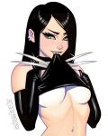  1girl artist_request black_hair breasts claw_(weapon) clothes_in_mouth ear_piercing green_eyes long_hair marvel navel_piercing non-web_source piercing solo source_request underboob weapon white_background x-23 x-men 