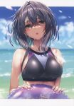  1girl absurdres bare_shoulders bikini black_hair blue_sky blush breasts chigami_hikage cloud cloudy_sky collarbone day fingernails green_eyes hanikami_kanojo head_tilt highres holding innertube looking_at_viewer medium_breasts ocean open_mouth outdoors petals piromizu scan shiny_clothes short_hair simple_background sky solo swimsuit upper_body water_drop wet 