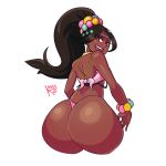  1girl absurdres ass ass_focus bare_shoulders bikini black_hair bracelet dark-skinned_female dark_skin fire_emblem fire_emblem_engage high_ponytail highres jewelry looking_at_viewer misskoi official_alternate_costume open_mouth pearl_bracelet pearl_hair_ornament swimsuit teeth timerra_(fire_emblem) upper_teeth_only 