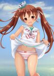  blue_sky brown_hair clothes_lift dress dress_lift fang highres kantai_collection libeccio_(kancolle) lifted_by_self navel outdoors panties pantyshot sailor_collar sky striped striped_panties tan tanakaminos twintails underwear 