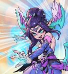  1girl :d arm_up bare_shoulders blue_sleeves breasts detached_sleeves dress eyeshadow fingernails gem green_eyes hair_bun hair_ornament large_breasts league_of_legends majestic_empress_morgana makeup morgana_(league_of_legends) multicolored_wings multiple_wings nail_polish official_alternate_costume official_alternate_hairstyle open_mouth phantom_ix_row pink_dress pink_nails pink_sleeves pointy_ears purple_nails single_hair_bun smile solo teeth tongue wings 