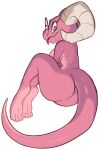  abigail_(blushbutt) alpha_channel anthro big_butt blue_eyes blushbutt butt digitigrade eyewear feet female glasses hi_res horn kobold looking_at_viewer pink_body pink_scales scales simple_background solo tail tongue tongue_out transparent_background 