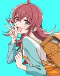  1girl absurdres ahoge aqua_background backpack bag blush crossed_bangs hair_between_eyes highres idolmaster idolmaster_shiny_colors komiya_kaho kougi_hiroshi long_hair long_sleeves looking_at_viewer open_mouth orange_bag pink_eyes red_hair shirt solo upper_body v white_shirt 