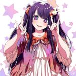  1girl 4b-enpitsu \n/ alternate_costume blush chromatic_aberration commentary double_\n/ dress frilled_dress frills hair_ornament head_tilt highres hoshino_ai_(oshi_no_ko) long_hair looking_at_viewer open_mouth oshi_no_ko parted_bangs purple_hair rabbit_hair_ornament red_ribbon ribbon sidelocks signature smile solo star-shaped_pupils star_(symbol) symbol-shaped_pupils teeth two_side_up upper_body upper_teeth_only wide_sleeves 